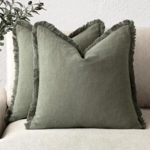 Set of 2 Decorative Linen Fringe Throw Pillow Covers Cozy Boho Farmhouse Cushion Cover with Tassels Soft Accent Pillowcase for Couch Sofa Bed Living Room Home Decor,18×18 Inch,Olive Green