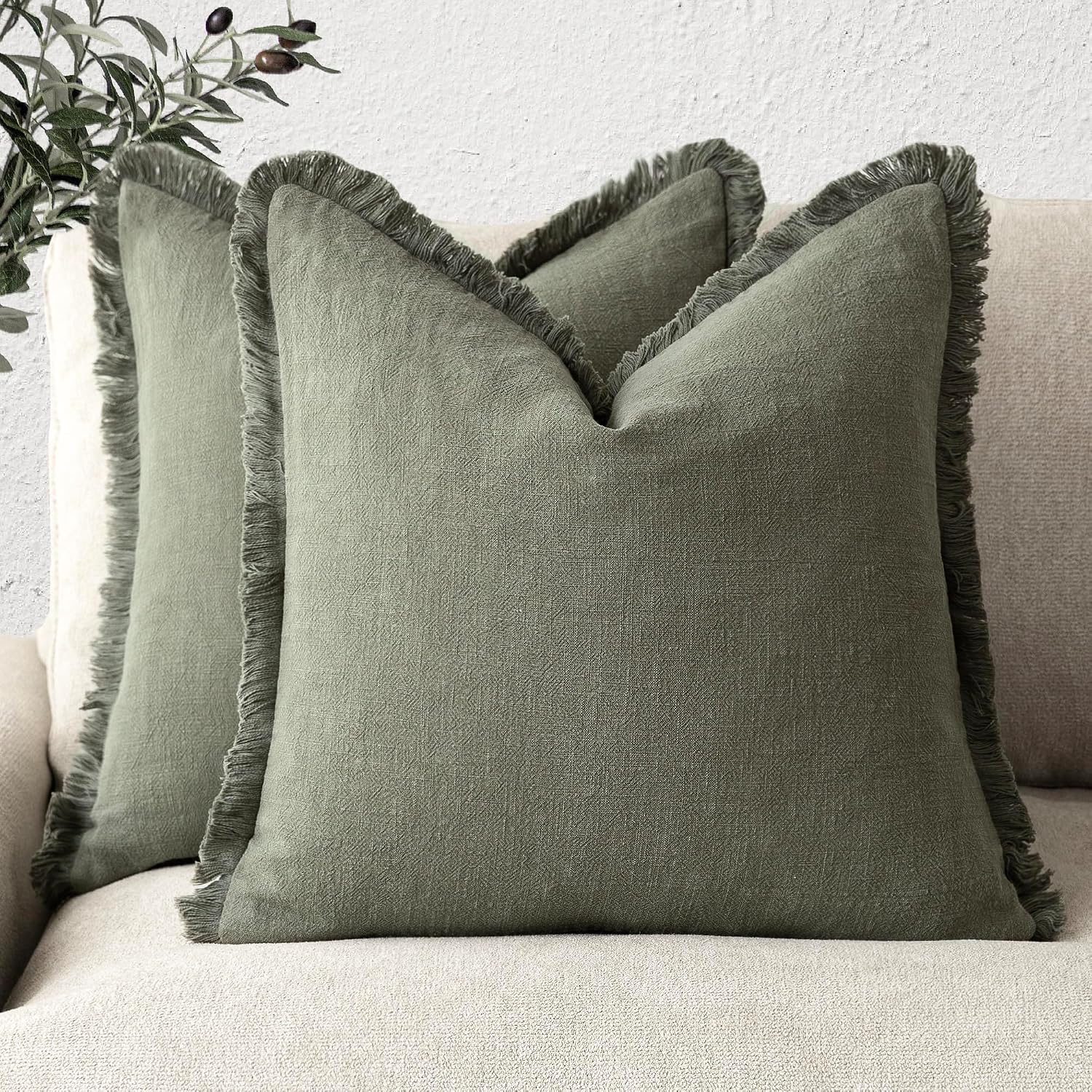 Set of 2 Decorative Linen Fringe Throw Pillow Covers Cozy Boho Farmhouse Cushion Cover with Tassels Soft Accent Pillowcase for Couch Sofa Bed Living Room Home Decor,18×18 Inch,Olive Green