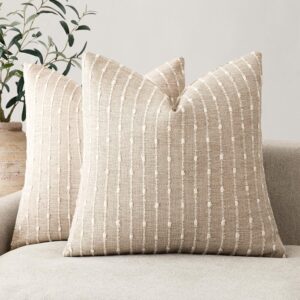 Pack of 2 Decorative Jacquard Boucle Throw Pillow Covers Accent Textured Striped Pillowcases Soft Boho Modern Cushion for Couch Sofa Bedroom Living Room Home Decor 20x20 Inch Natural Beige