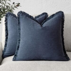 Set of 2 Decorative Linen Fringe Throw Pillow Covers Cozy Boho Farmhouse Cushion Cover with Tassels Soft Accent Pillowcase for Couch Sofa Bed Living Room Home Decor,18×18 Inch,Navy Blue